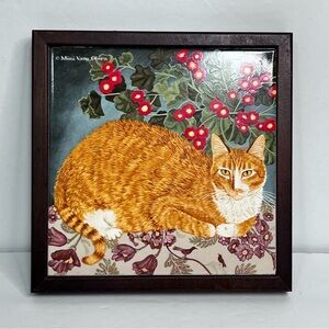 vintage avon mimi vang olsen ceramic tile framed cat art  orange tabby trivet